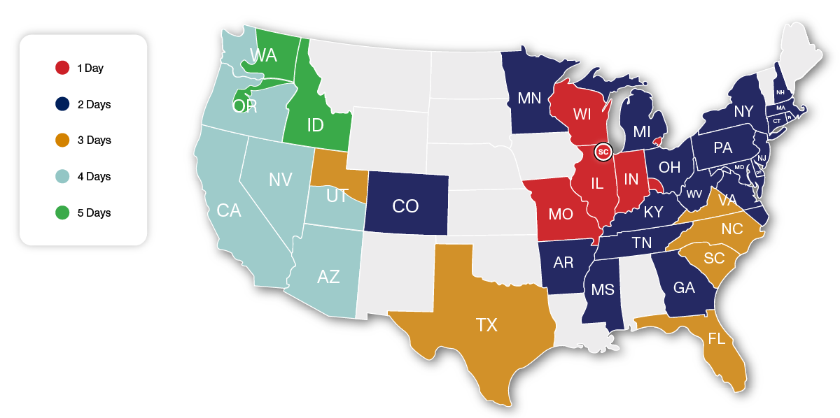 OnTrac transit days for Ground shipping from Chicago Illinois