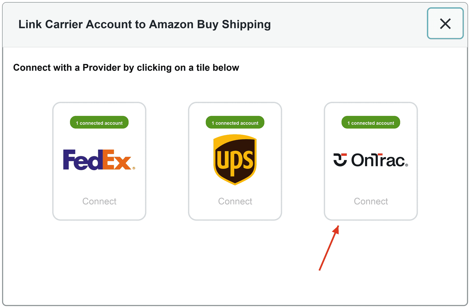 screenshot of Amazon Seller Center with arrow pointing to OnTrac's carrier tile
